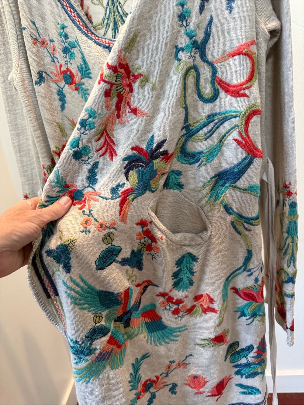 Johnny Was Cream Wrap Cardigan with Teal, Coral & Navy Embroidery - Picture 4 of 5